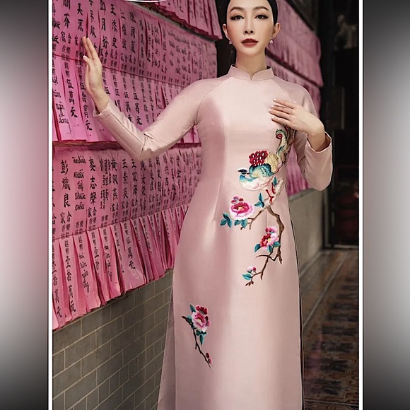 🆕 🦚 Stunning Traditional Ao dai in Pale Pink Taffeta w/ embroidery 🦚 sz L - Picture 2 of 3